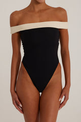 Off Shoulder Coloblock One Piece Swimsuit With Belt