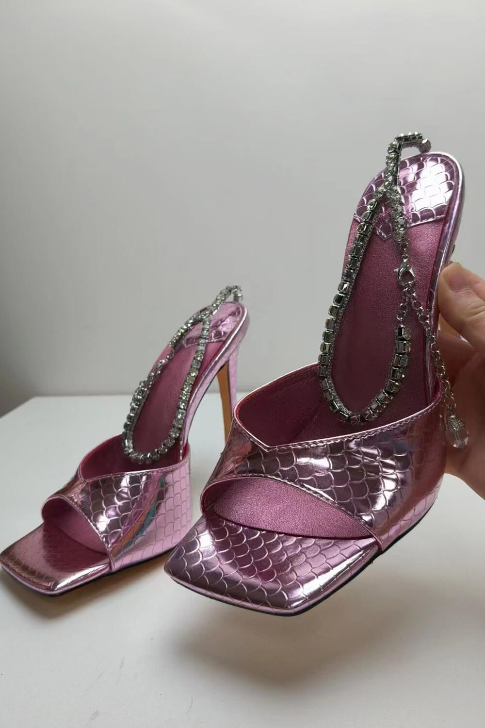 Snakeskin-Effect Diamante Chain Detail Ankle Strap Pointed Toe Stiletto Heel Sandals