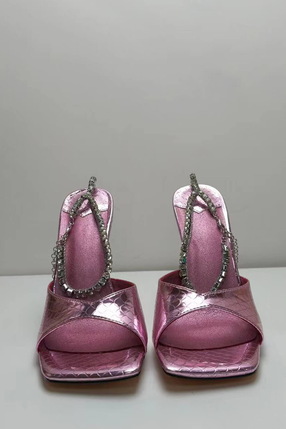 Snakeskin-Effect Diamante Chain Detail Ankle Strap Pointed Toe Stiletto Heel Sandals