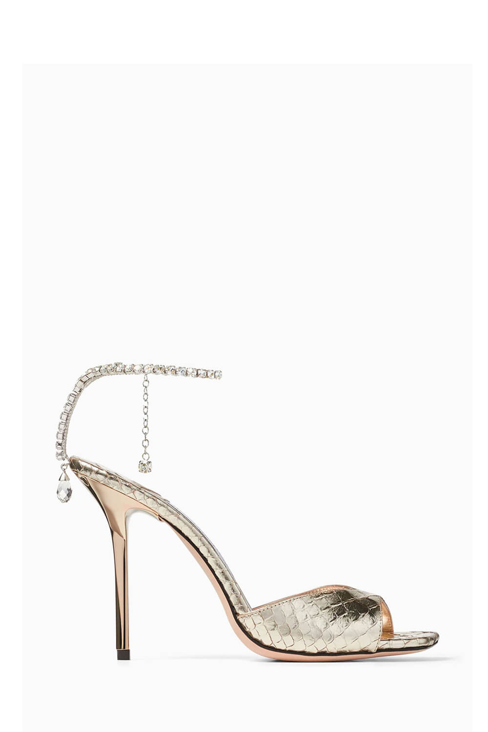 Snakeskin-Effect Diamante Chain Detail Ankle Strap Pointed Toe Stiletto Heel Sandals
