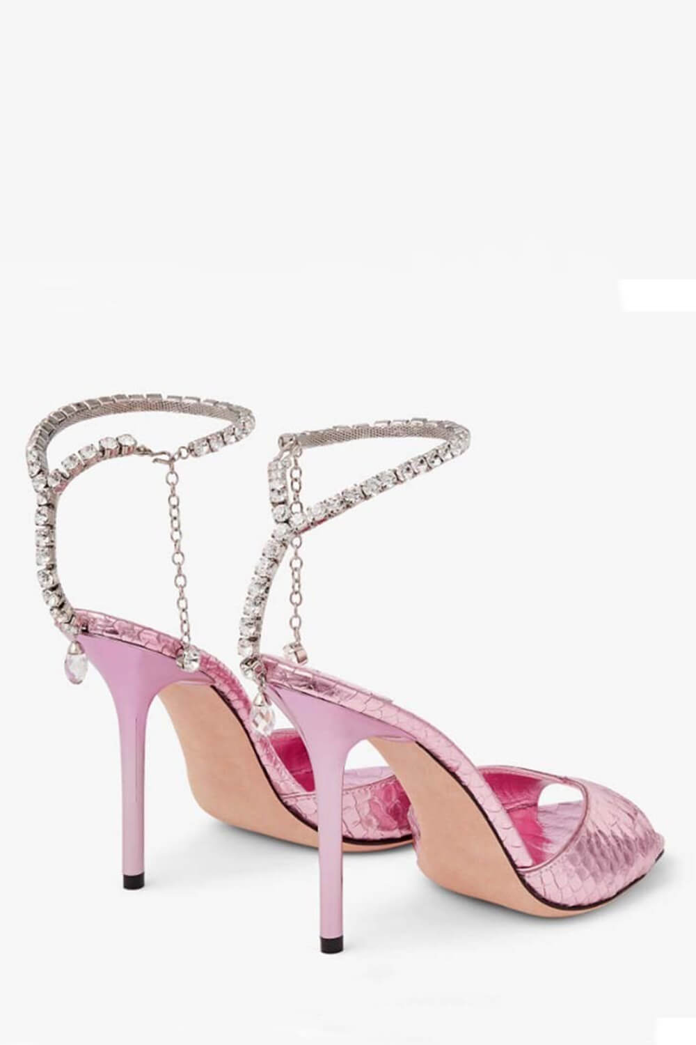 Snakeskin-Effect Diamante Chain Detail Ankle Strap Pointed Toe Stiletto Heel Sandals