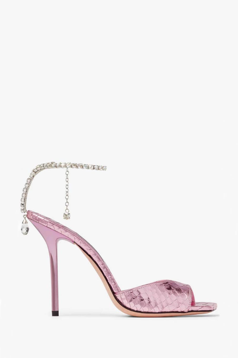Snakeskin-Effect Diamante Chain Detail Ankle Strap Pointed Toe Stiletto Heel Sandals