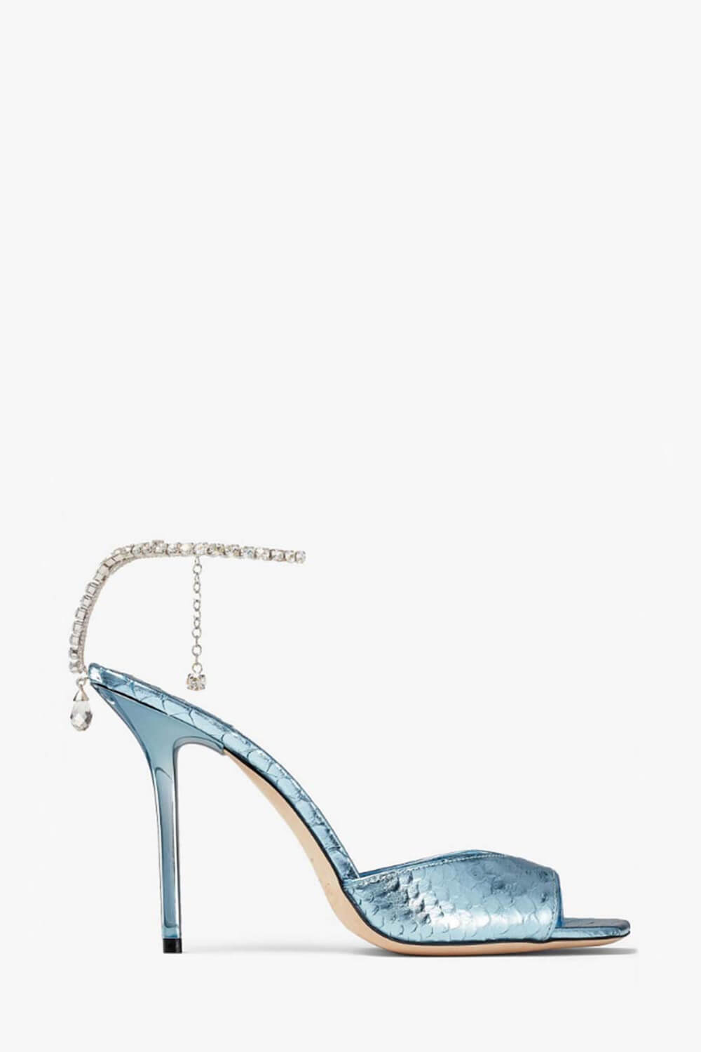 Snakeskin-Effect Diamante Chain Detail Ankle Strap Pointed Toe Stiletto Heel Sandals