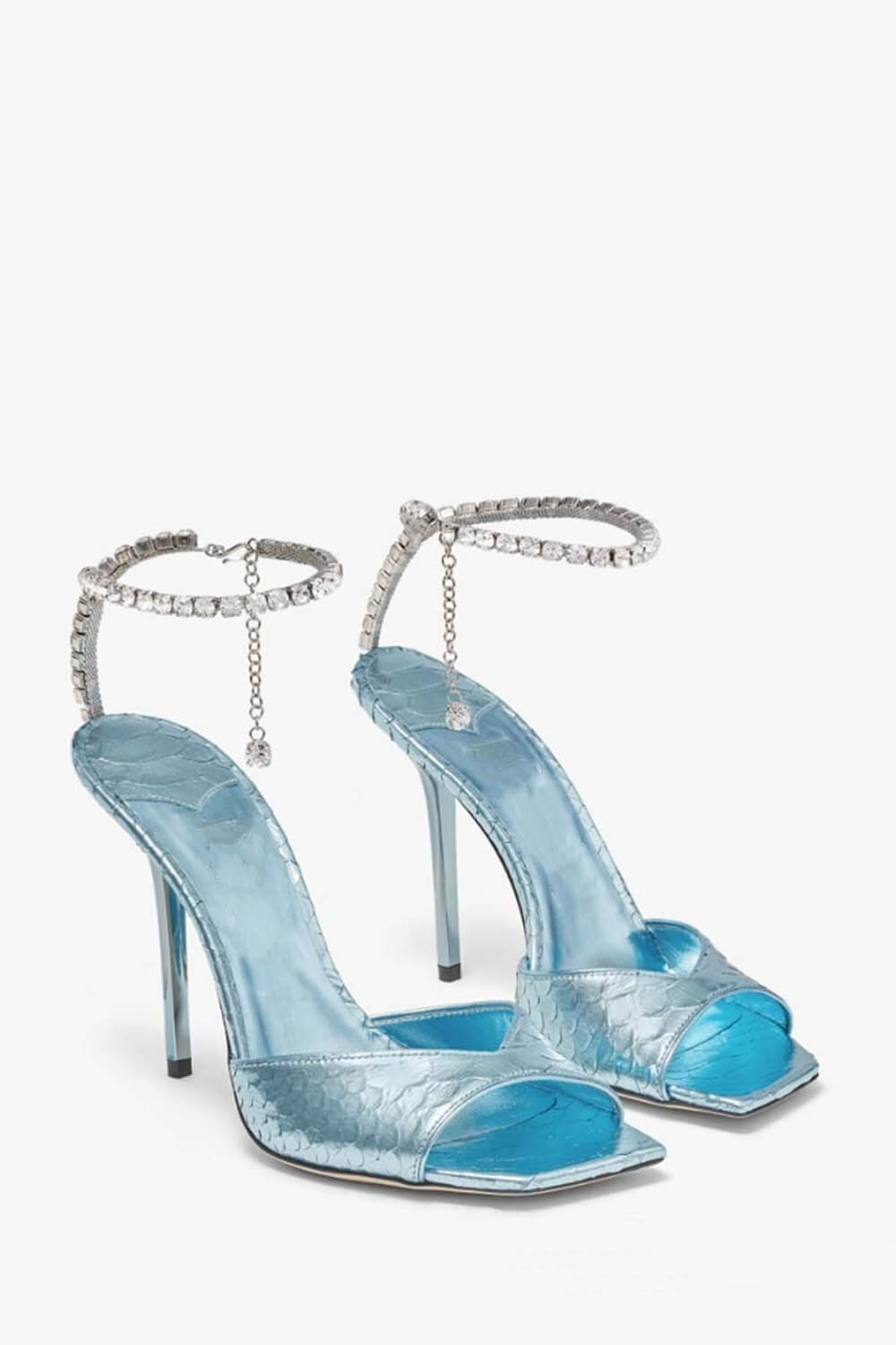 Snakeskin-Effect Diamante Chain Detail Ankle Strap Pointed Toe Stiletto Heel Sandals