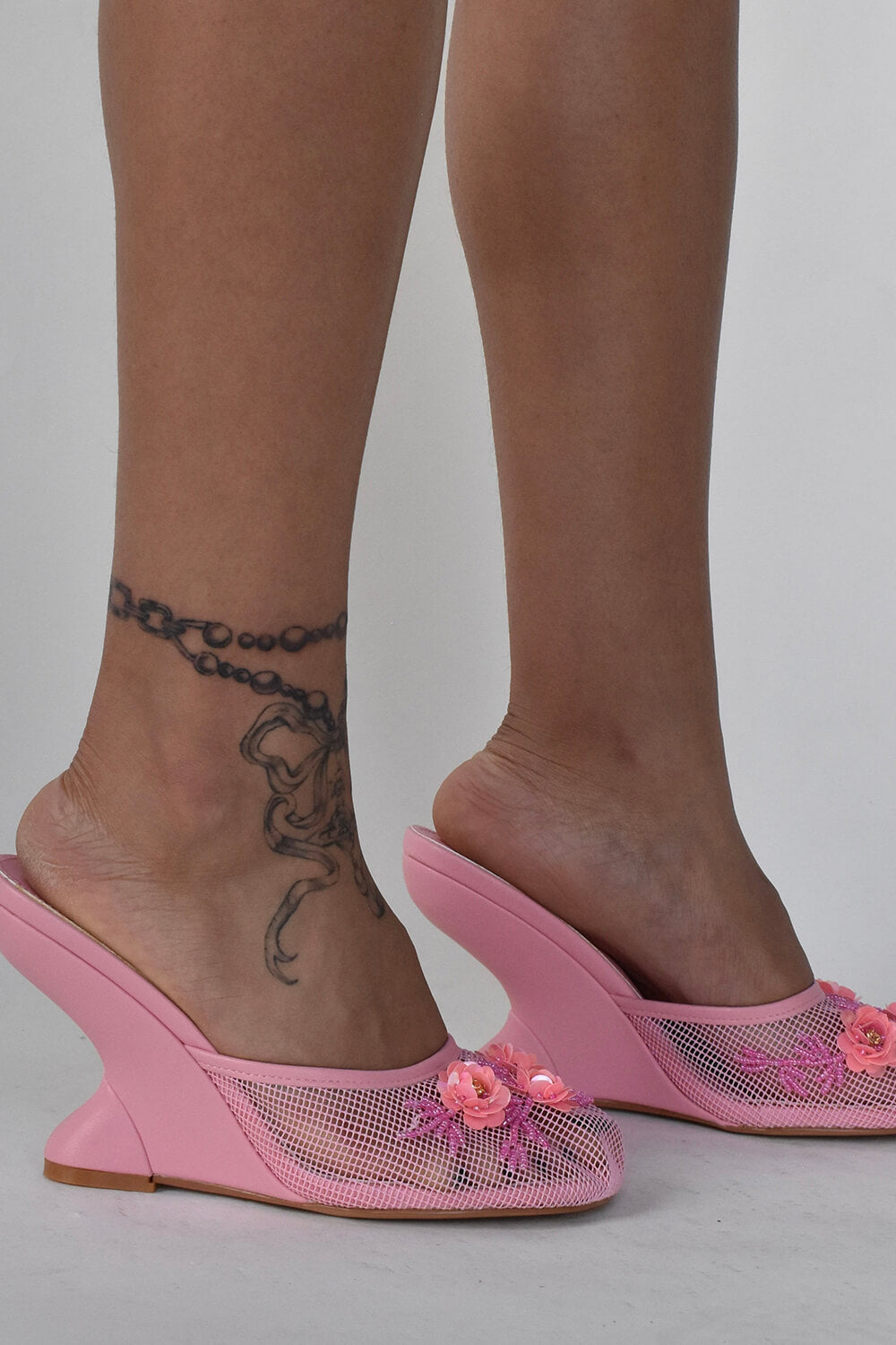 Floral Embellished Mesh Pyramid Wedge Mule Sandals