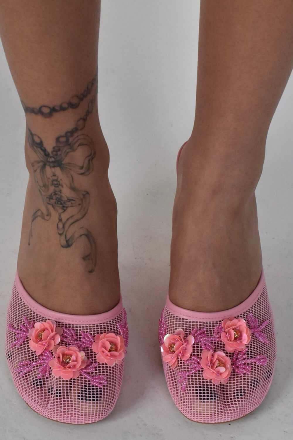 Floral Embellished Mesh Pyramid Wedge Mule Sandals