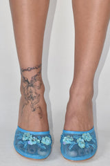 Floral Embellished Mesh Pyramid Wedge Mule Sandals