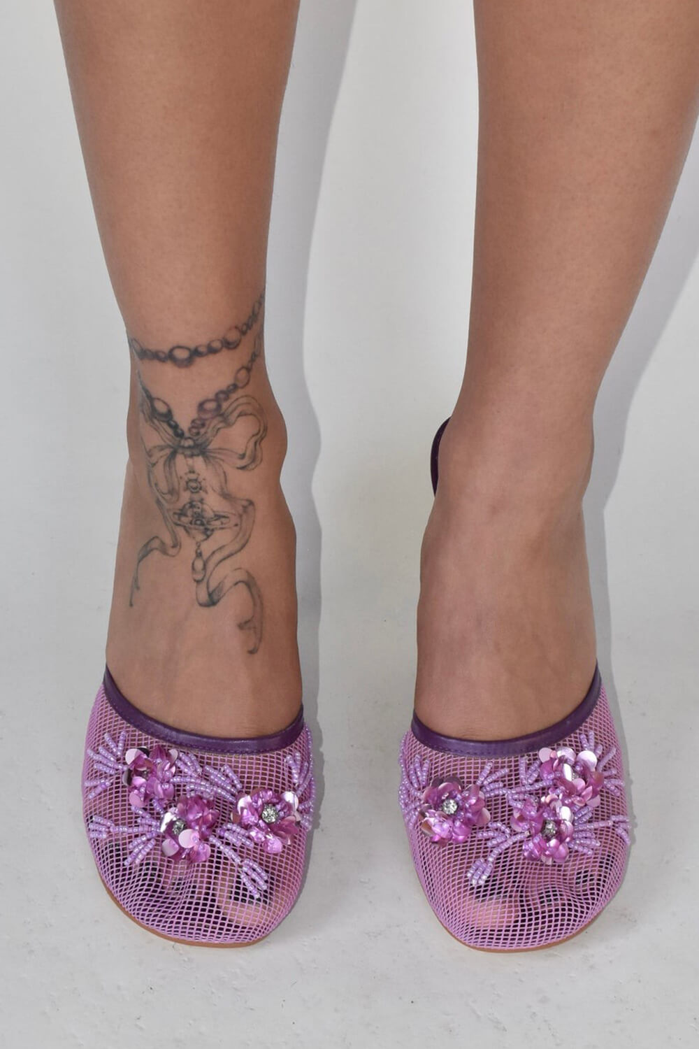 Floral Embellished Mesh Pyramid Wedge Mule Sandals
