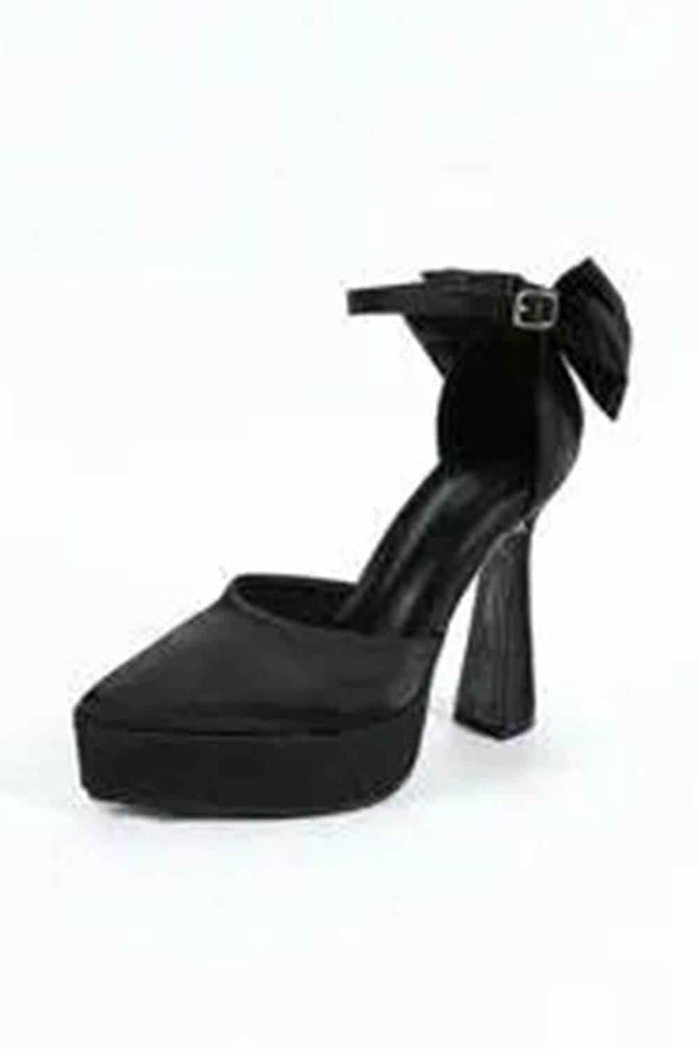 Bow Embellished Satin Double Platform Pointy Block Heel Ankle Pumps