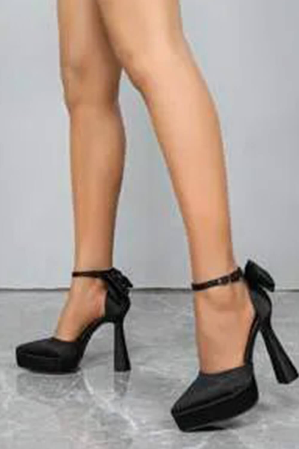 Bow Embellished Satin Double Platform Pointy Block Heel Ankle Pumps