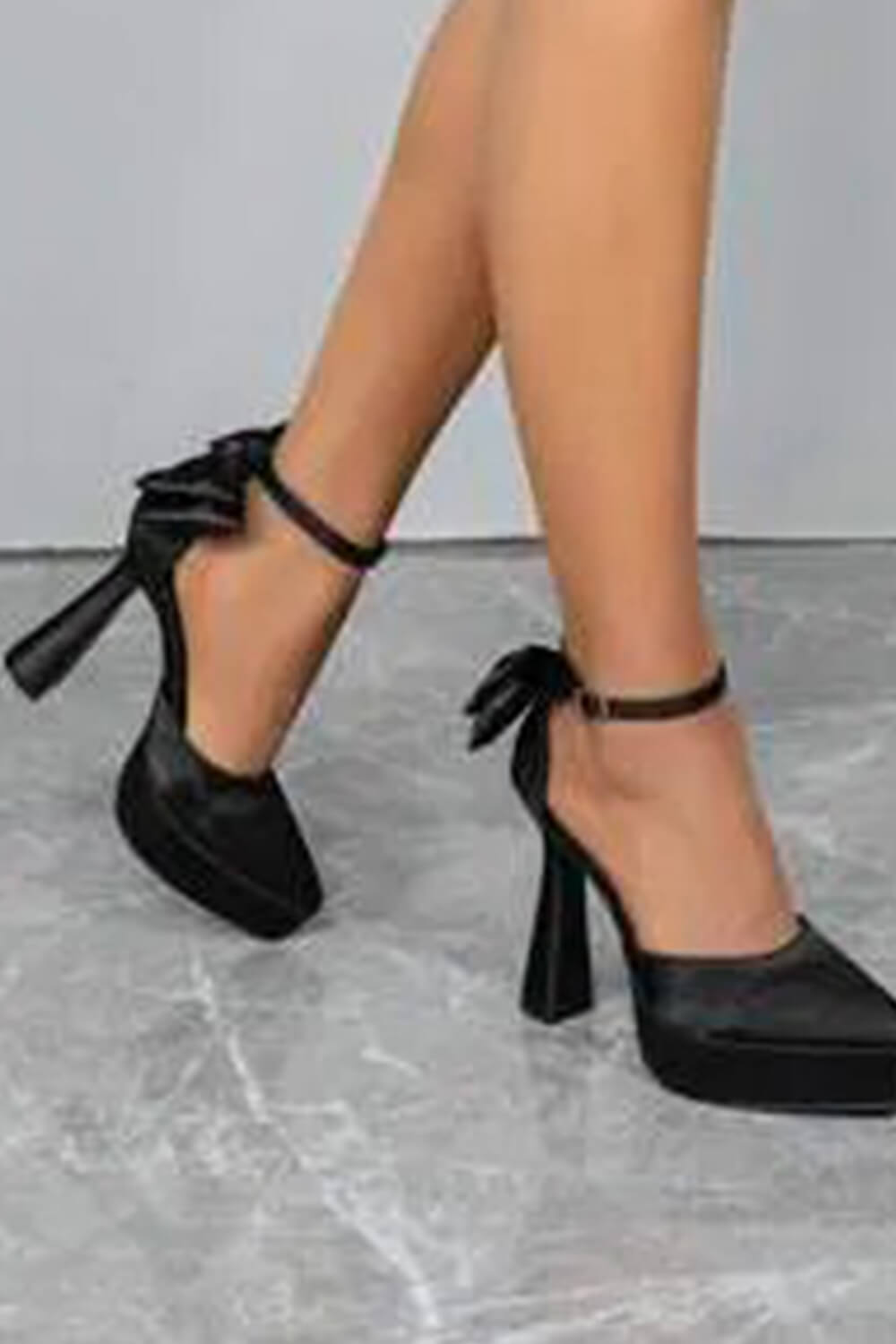 Bow Embellished Satin Double Platform Pointy Block Heel Ankle Pumps