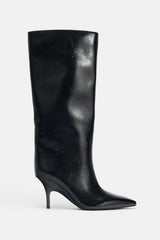 Black Knee High Kitten Heel Boots