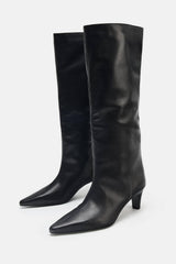 Black Croc Knee High Kitten Heel Boots