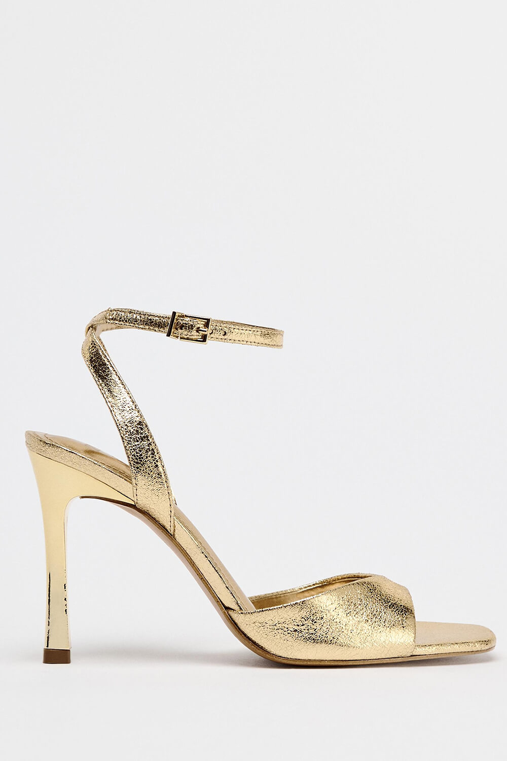 Metallic Gold Square Toe Ankle Strap High Heel Sandals