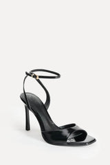 Faux Patent-Leather Square Toe Ankle Strap High Heel Sandals