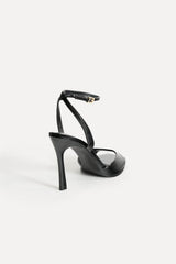 Faux Patent-Leather Square Toe Ankle Strap High Heel Sandals