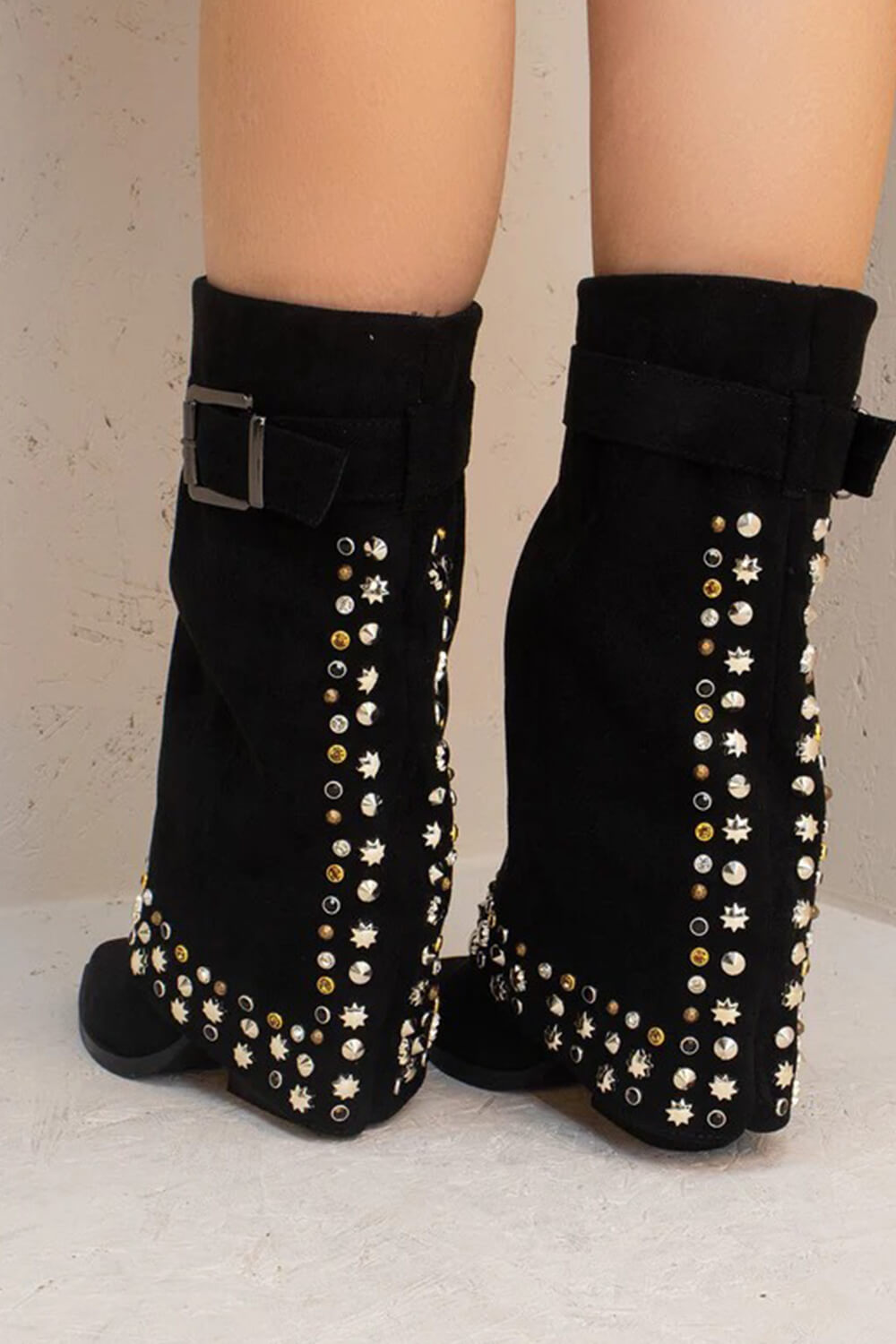 Faux Suede Studded And Crystal-Embellished Cowboy Fold Over Mid-Calf Boots