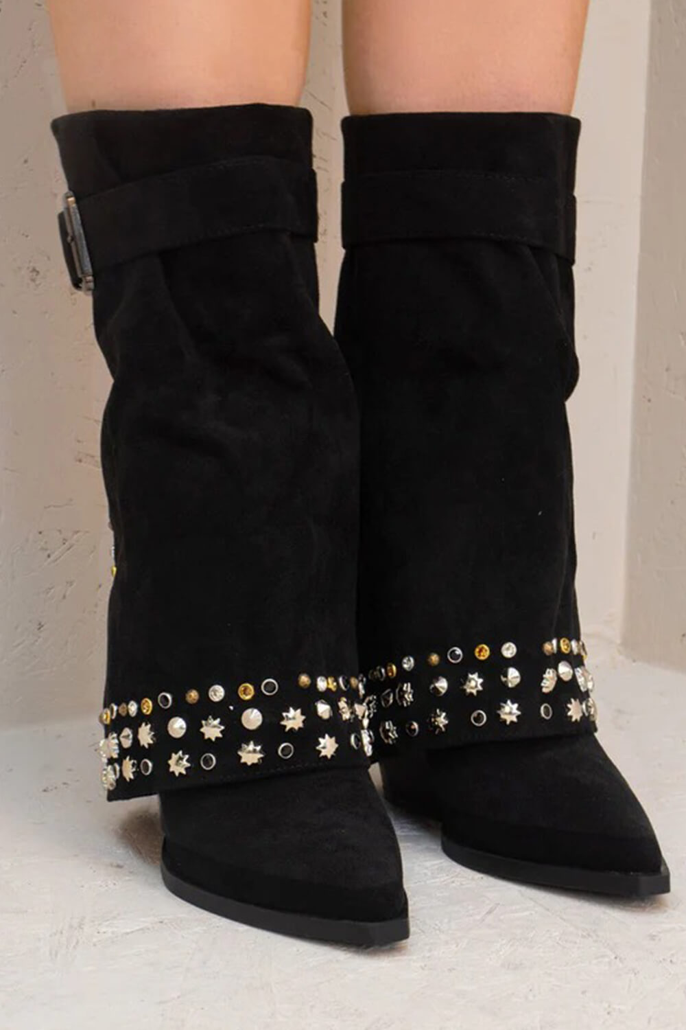 Faux Suede Studded And Crystal-Embellished Cowboy Fold Over Mid-Calf Boots
