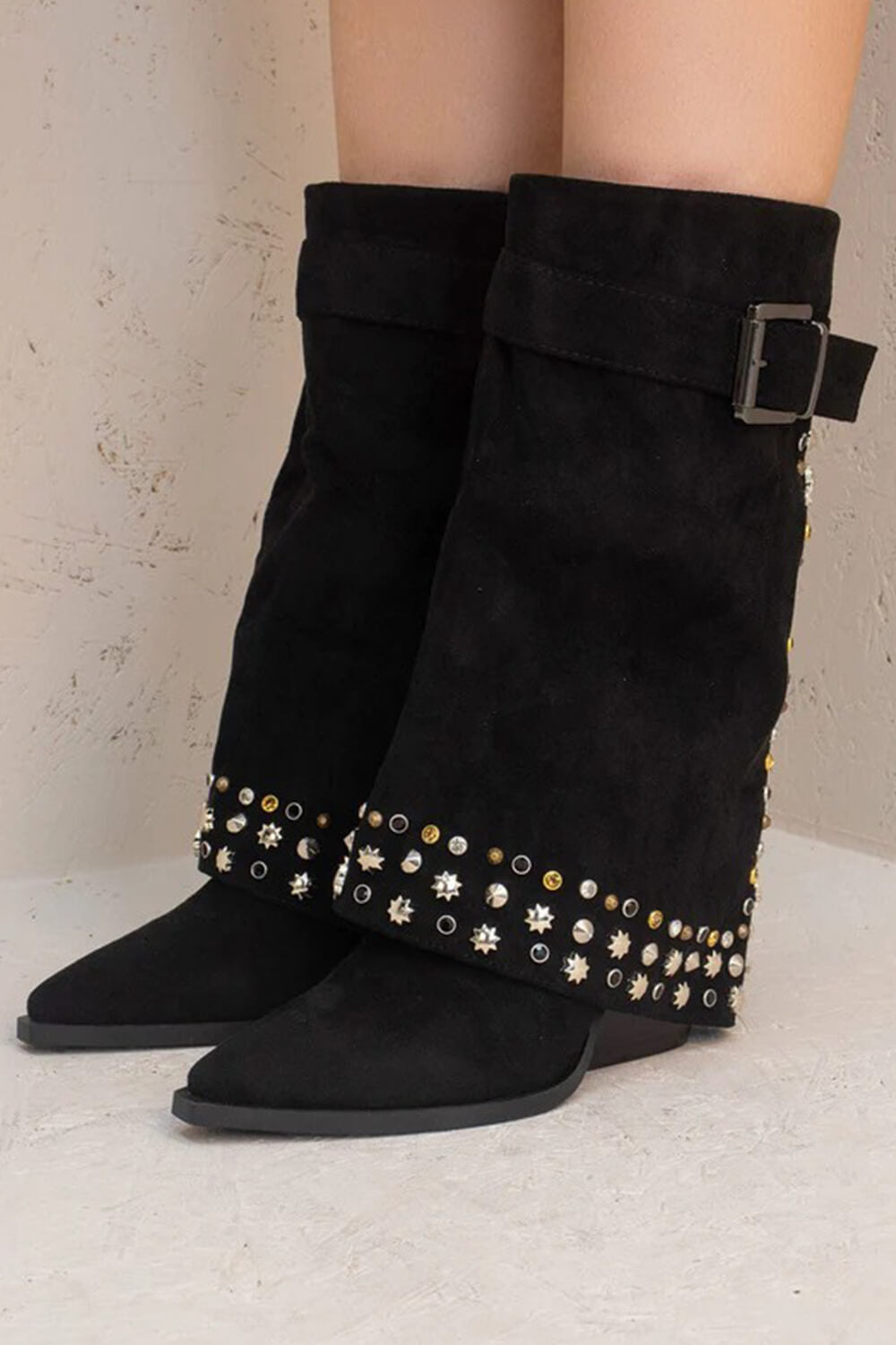 Faux Suede Studded And Crystal-Embellished Cowboy Fold Over Mid-Calf Boots
