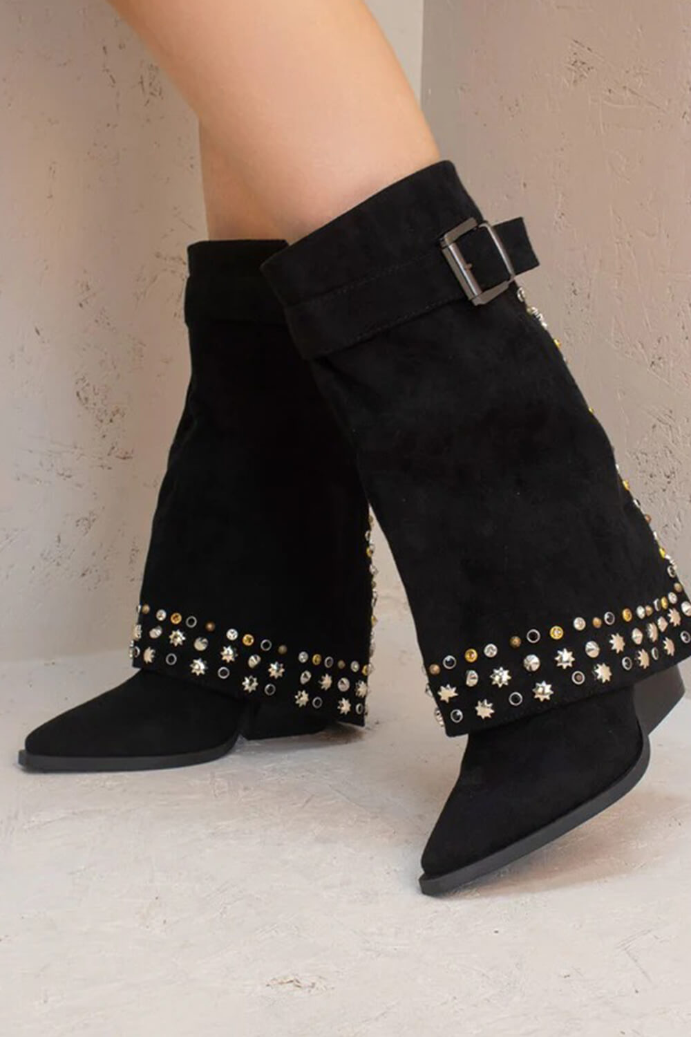 Faux Suede Studded And Crystal-Embellished Cowboy Fold Over Mid-Calf Boots