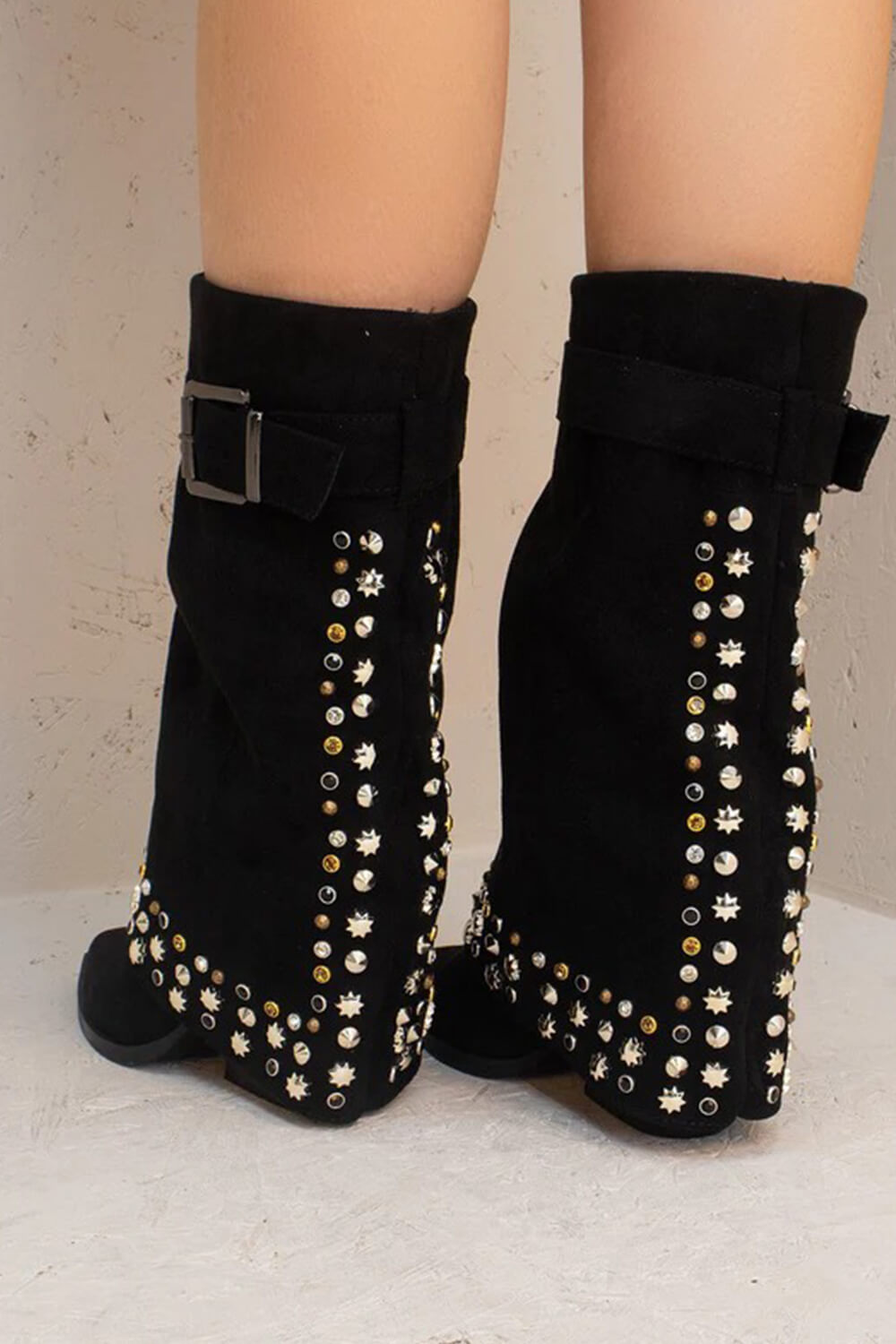 Faux Suede Studded And Crystal-Embellished Cowboy Fold Over Mid-Calf Boots