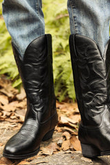 Black Embroidered Western Cowboy Pointed-Toe Mid-Calf Boots
