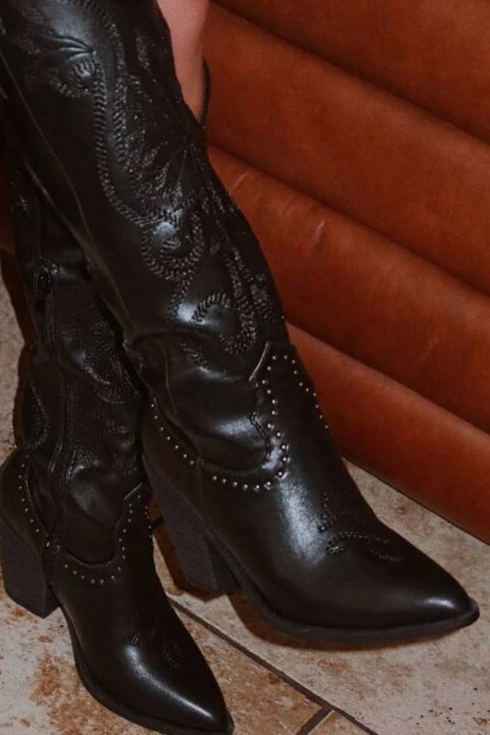 Studded Detail Western Cowgirl Knee High Boots