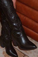 Studded Detail Western Cowgirl Knee High Boots