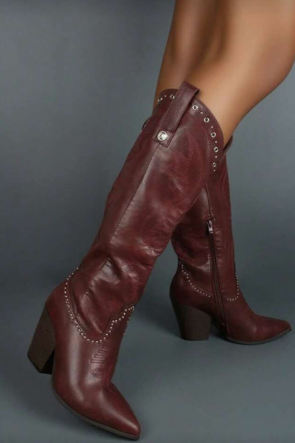 Studded Detail Western Cowgirl Knee High Boots