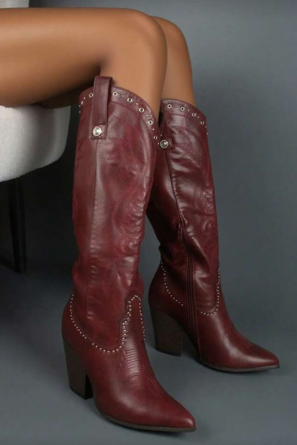 Studded Detail Western Cowgirl Knee High Boots