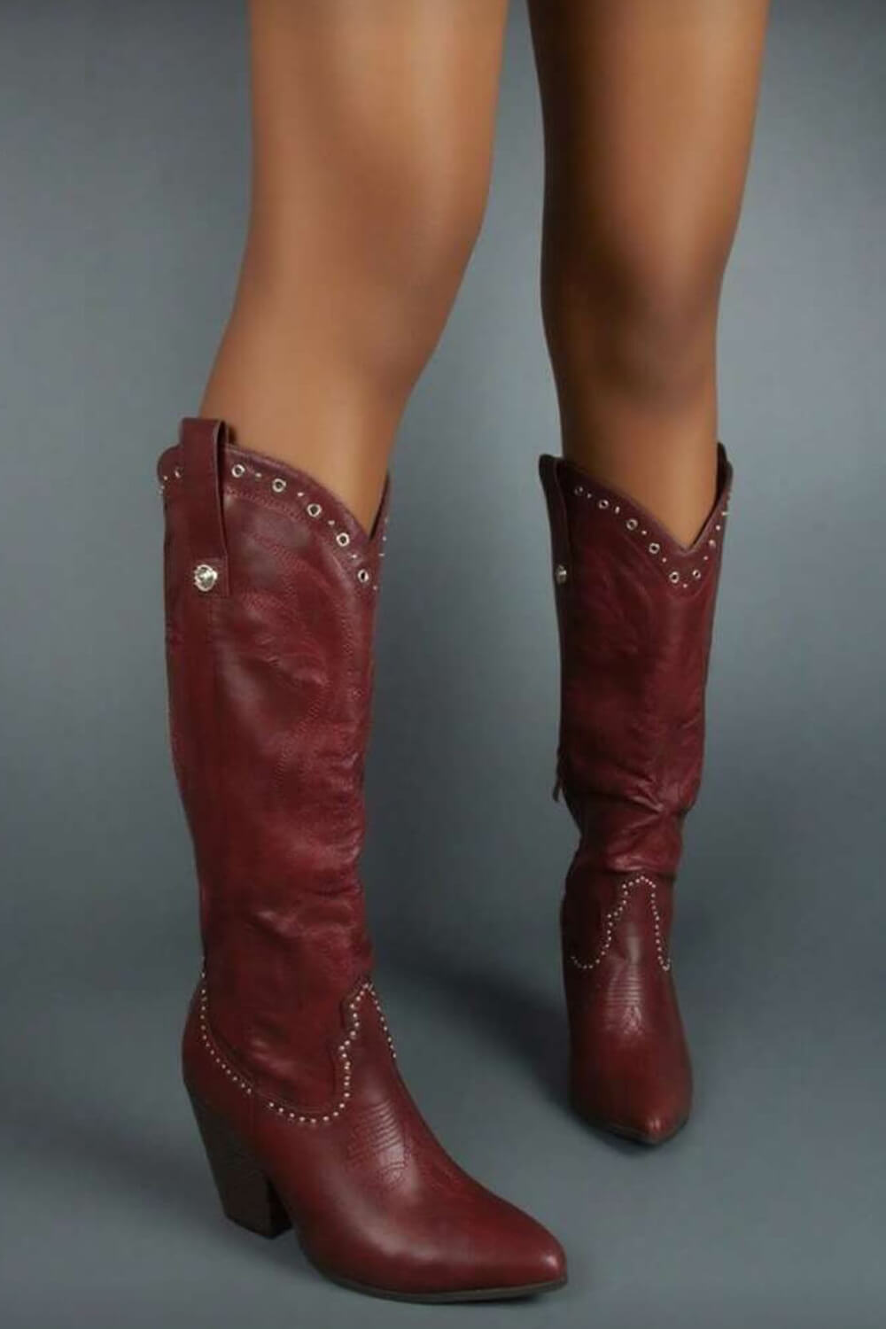 Studded Detail Western Cowgirl Knee High Boots