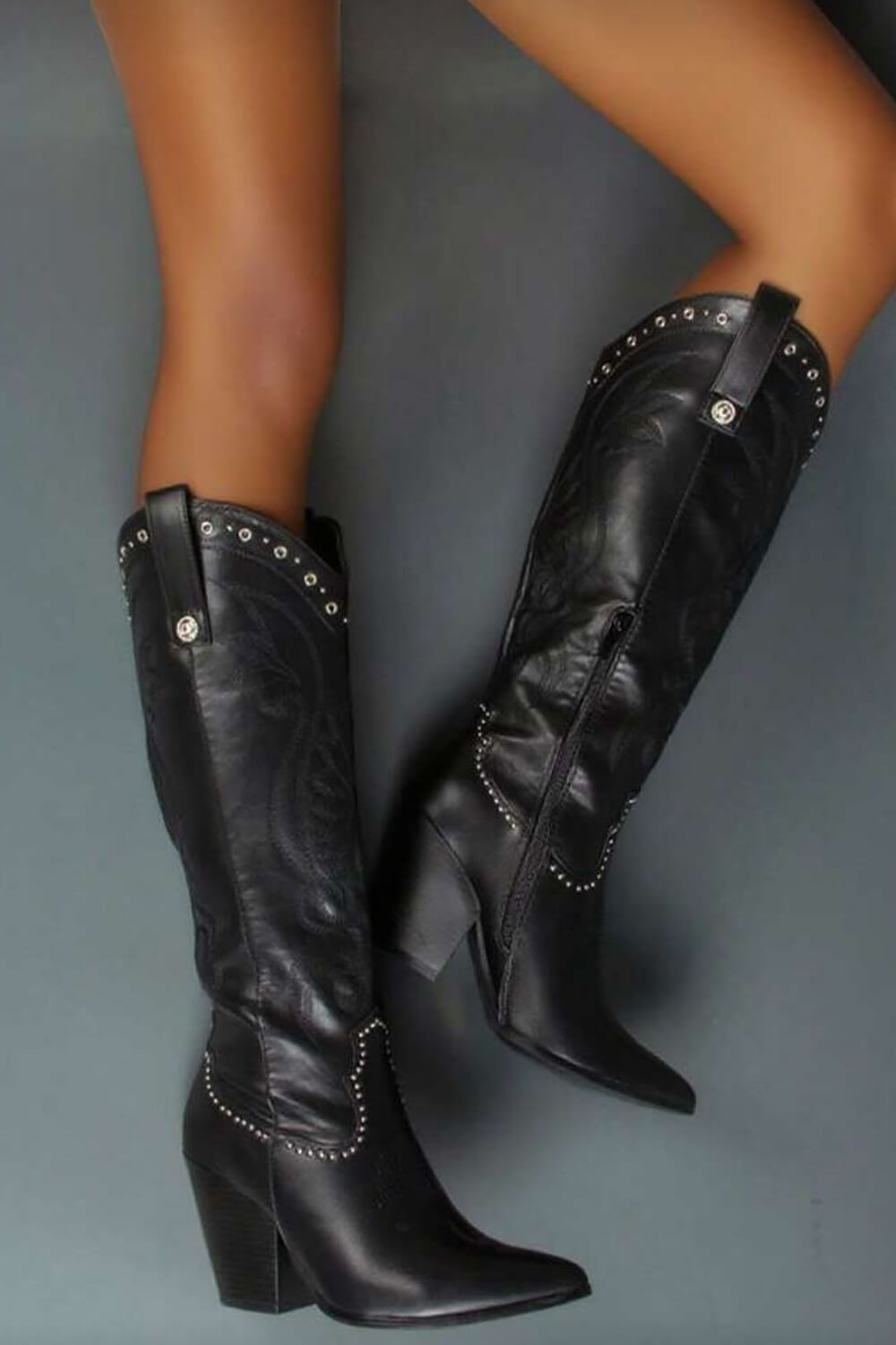 Studded Detail Western Cowgirl Knee High Boots