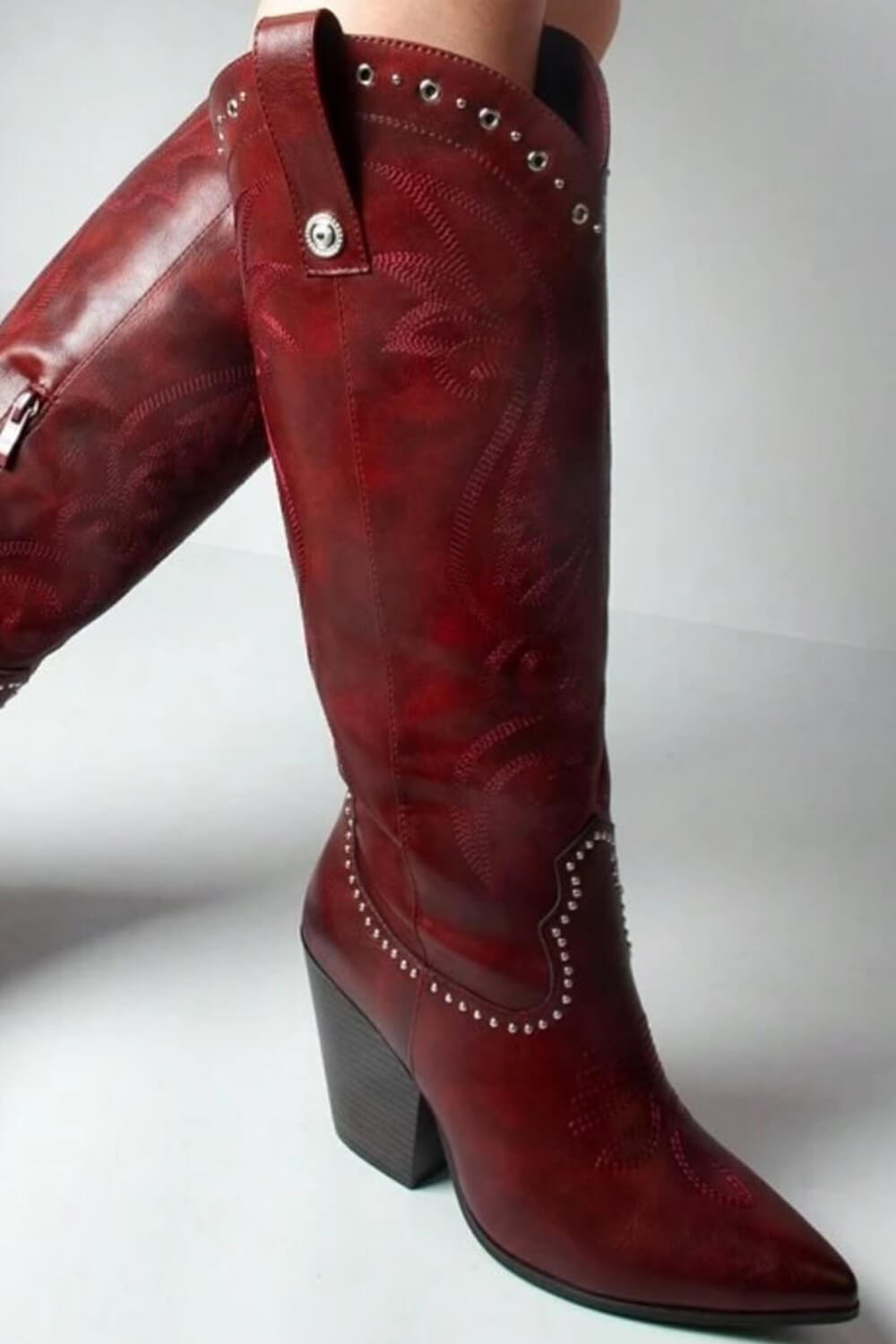 Studded Detail Western Cowgirl Knee High Boots