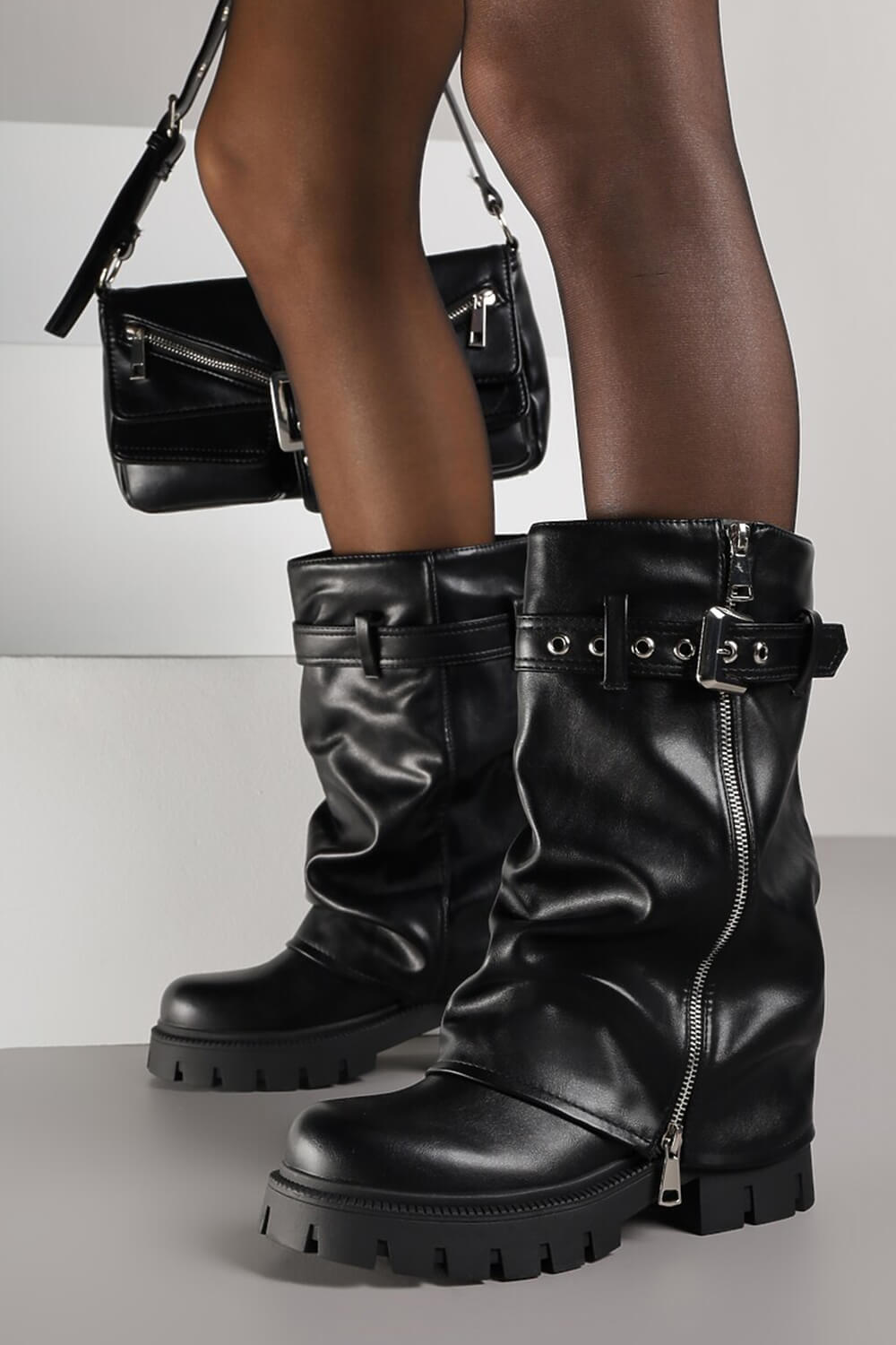 Pu Fold Over Mid-Calf Chunky Platform Zip Boots