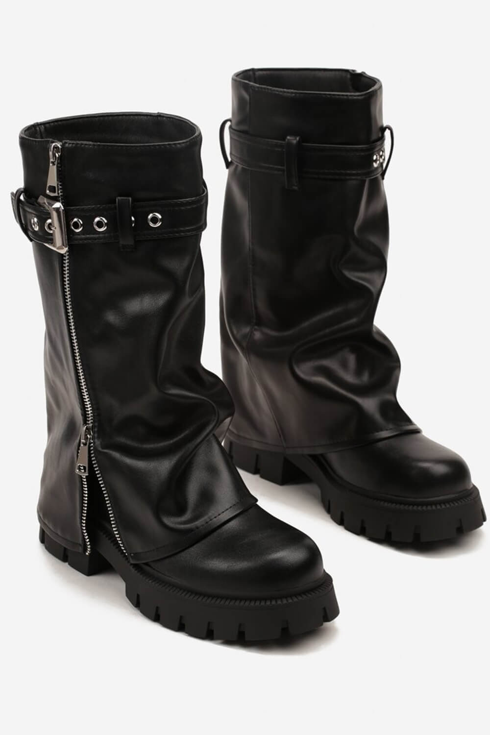 Pu Fold Over Mid-Calf Chunky Platform Zip Boots
