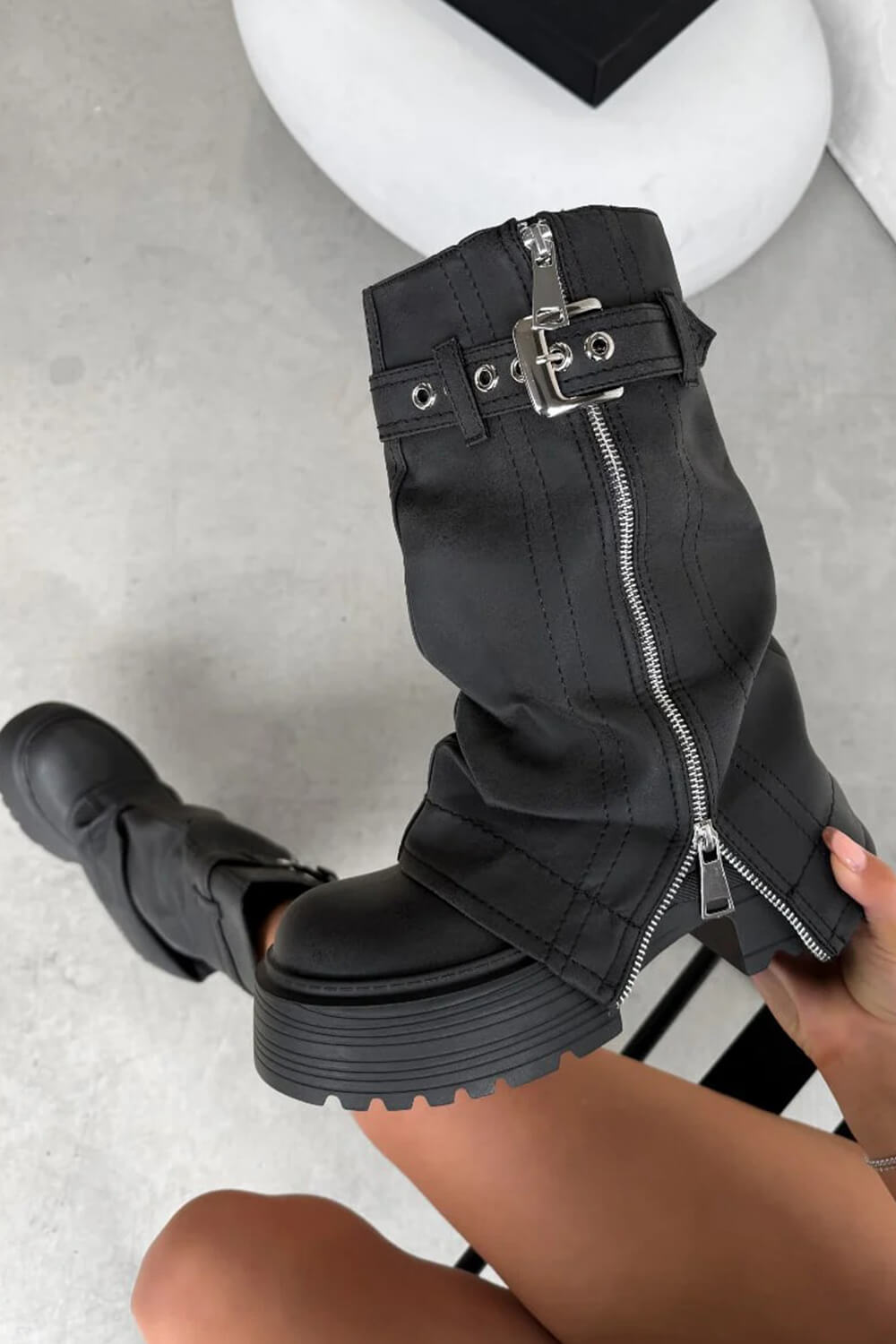 Pu Fold Over Mid-Calf Chunky Platform Zip Boots