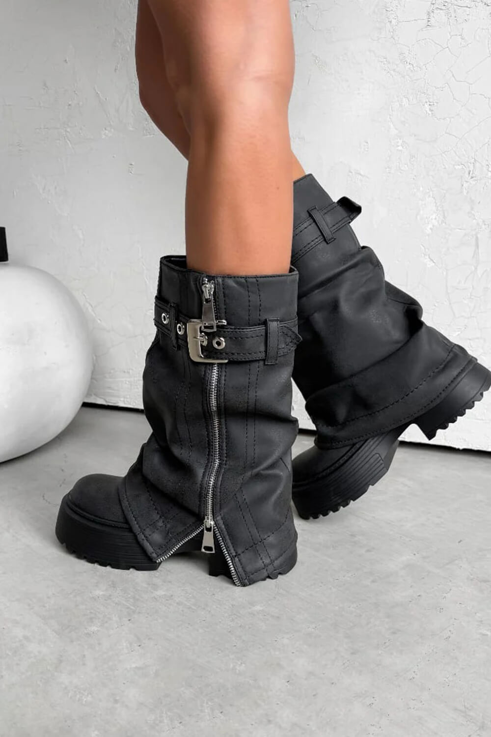 Pu Fold Over Mid-Calf Chunky Platform Zip Boots
