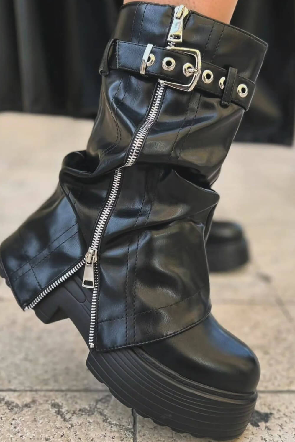 Pu Fold Over Mid-Calf Chunky Platform Zip Boots