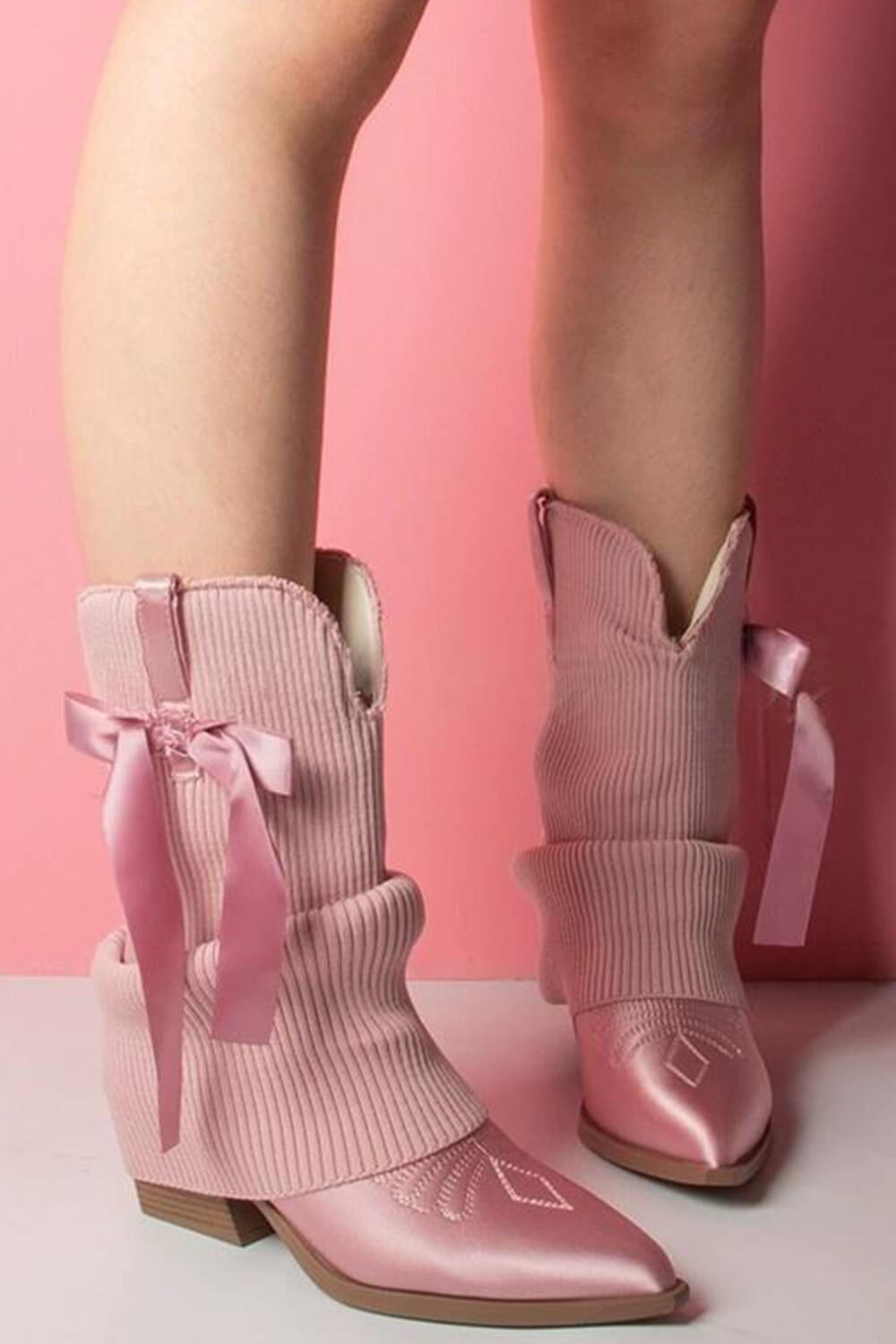 Ribbed Knit Western Fold Over Ankle Boots Withe Bow Details