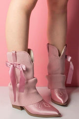 Ribbed Knit Western Fold Over Ankle Boots Withe Bow Details