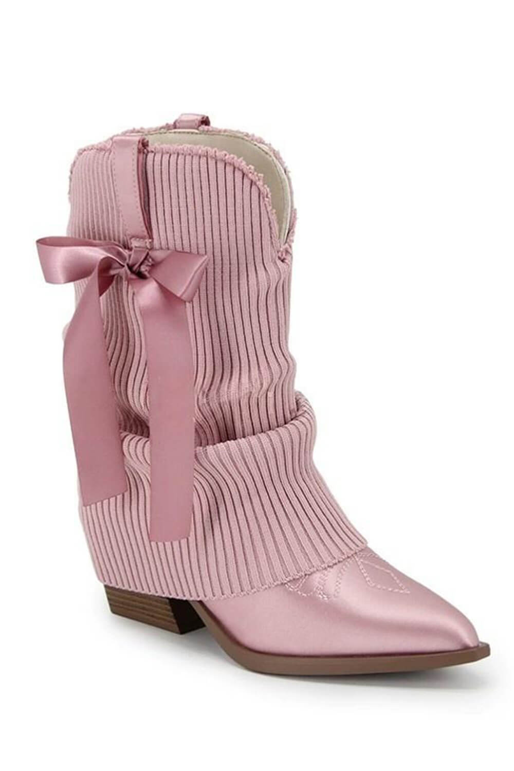 Ribbed Knit Western Fold Over Ankle Boots Withe Bow Details