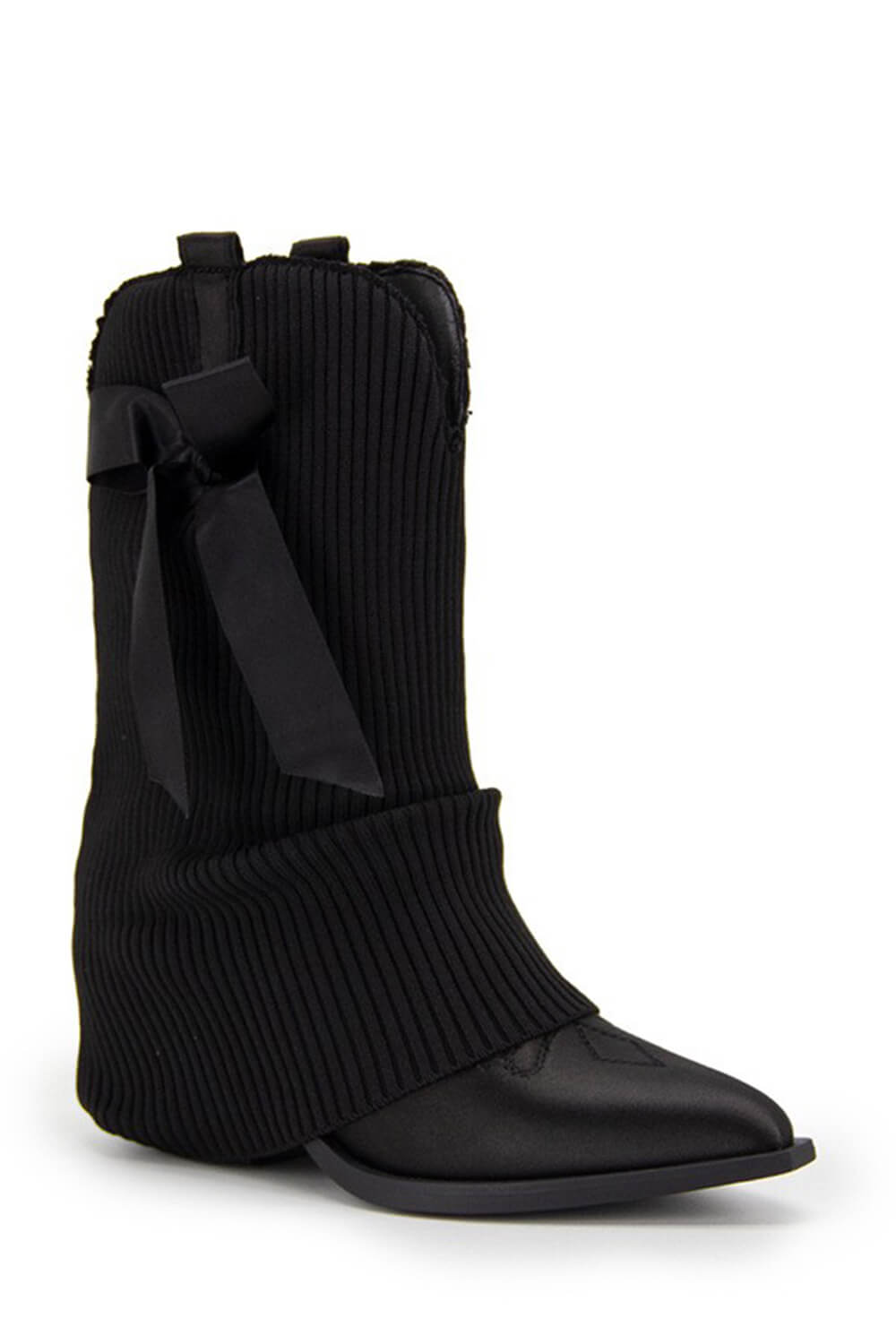 Ribbed Knit Western Fold Over Ankle Boots Withe Bow Details