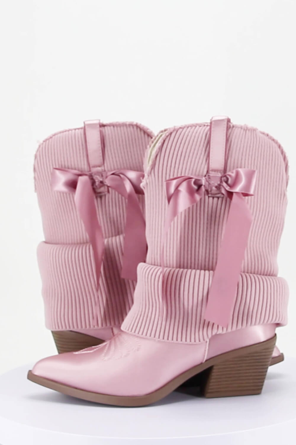 Ribbed Knit Western Fold Over Ankle Boots Withe Bow Details