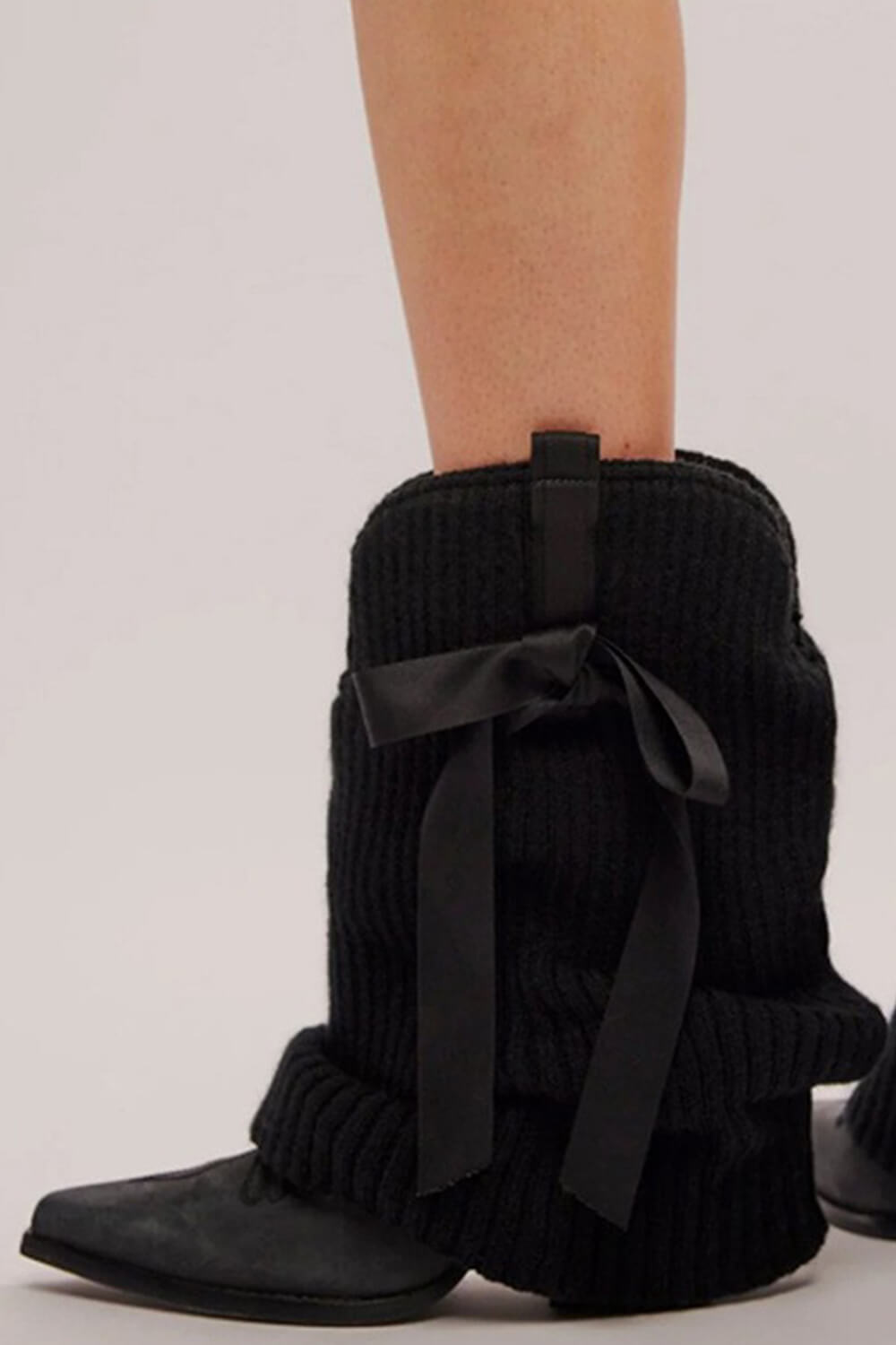 Ribbed Knit Western Fold Over Ankle Boots Withe Bow Details