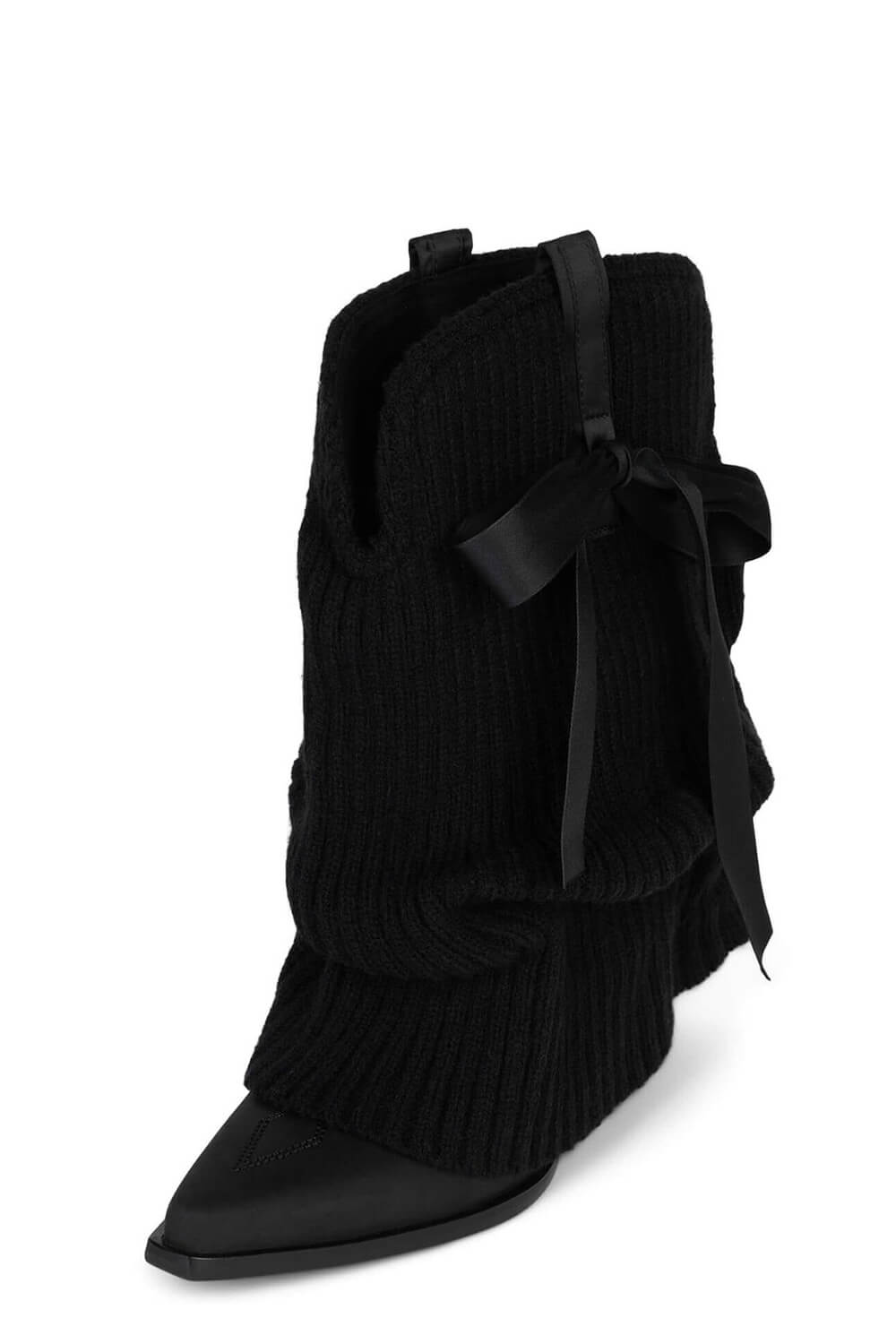 Ribbed Knit Western Fold Over Ankle Boots Withe Bow Details