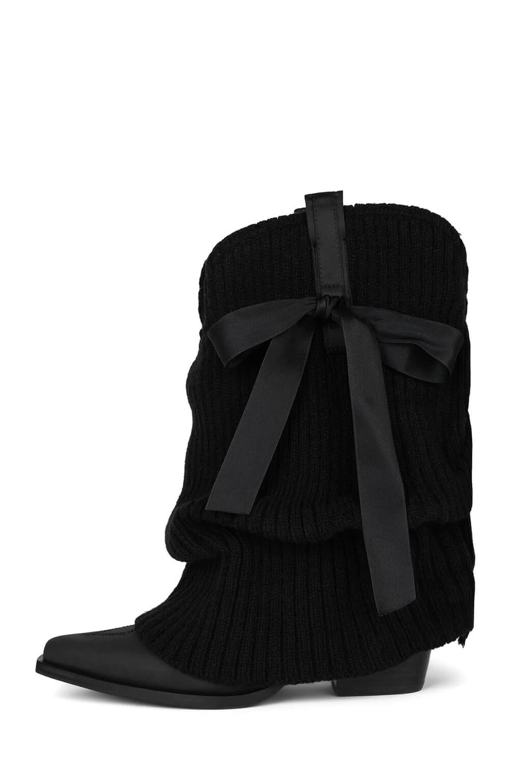 Ribbed Knit Western Fold Over Ankle Boots Withe Bow Details