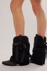 Ribbed Knit Western Fold Over Ankle Boots Withe Bow Details