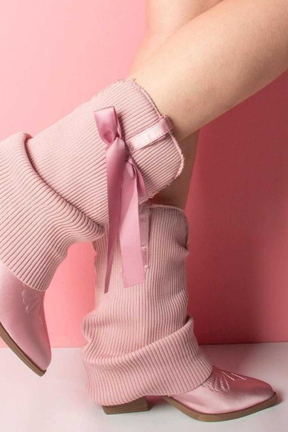 Ribbed Knit Western Fold Over Ankle Boots Withe Bow Details