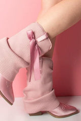 Ribbed Knit Western Fold Over Ankle Boots Withe Bow Details