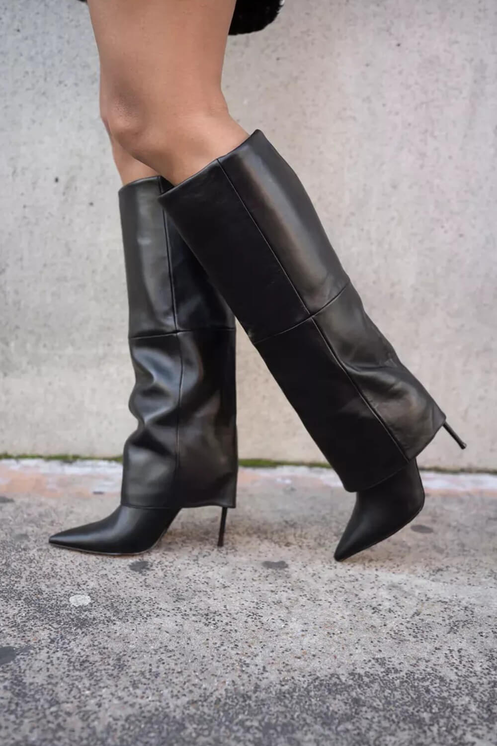 Black Faux Leather Folded Over Knee High Stiletto Heeled Boots
